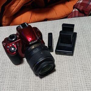Nikon Glossy Red DSLR Camera with Lens and Charger